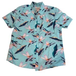 St Johns Bay Men Medium Turquoise Bird of Paradise Seersucker No Tuck Shirt NWOT